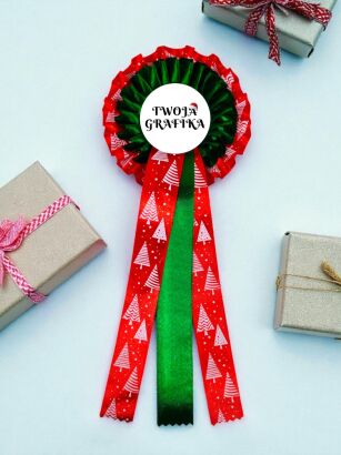 Christmas Rosette – Red with Christmas Trees