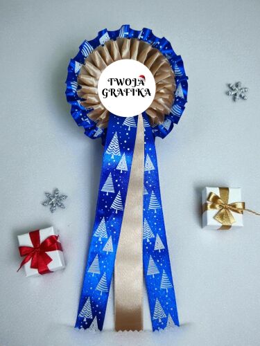 Christmas Rosette – Blue with Christmas Trees
